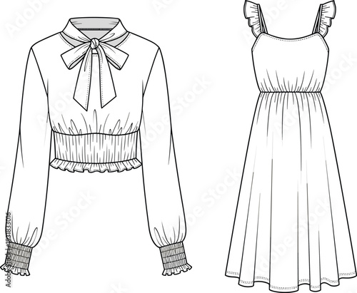 Women Blouse and Sleeveless Maxi Dress Set Mockup Template, Bow Tie Collar and Ruffle Strap Detail, Isolated Fashion Vector Illustration