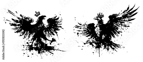 Heraldic eagle silhouettes with spread wings in black ink splatter style