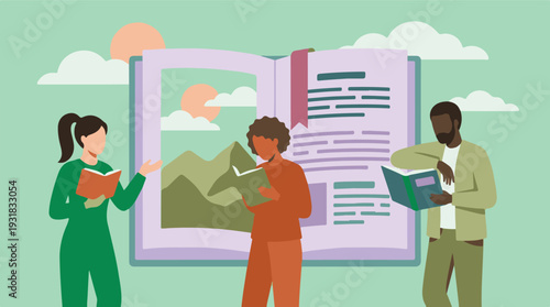 Diverse group reading books, exploring knowledge, imagination, and learning