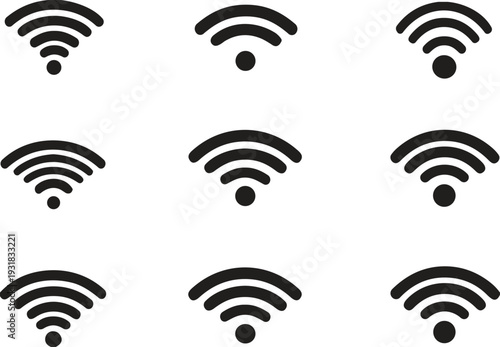 Wi-Fi signal strength icons set, wireless internet connectivity indicators, digital communication technology symbols, network status bars illustration, flat vector design