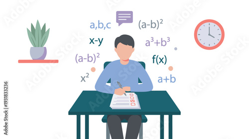 Focused student taking a math test surrounded by algebraic formulas