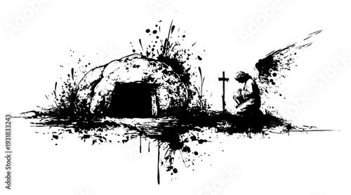 Empty tomb of Jesus with kneeling angel in artistic black ink style