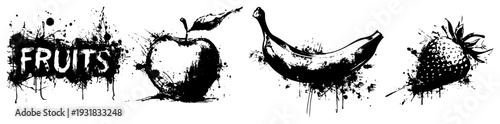 Set of artistic fruit silhouettes including apple banana and strawberry with ink splashes