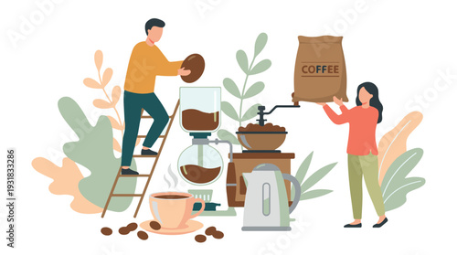 Man and woman preparing fresh coffee, illustrating the brewing process