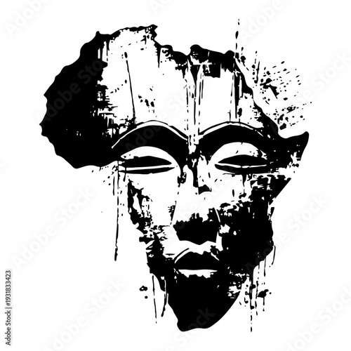 African mask combined with map of Africa in black ink splatter art
