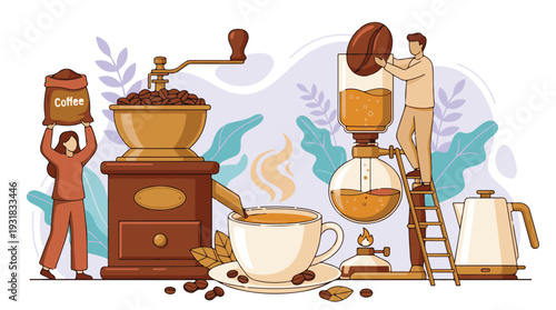 People making coffee with grinder, siphon brewer, and fresh beans