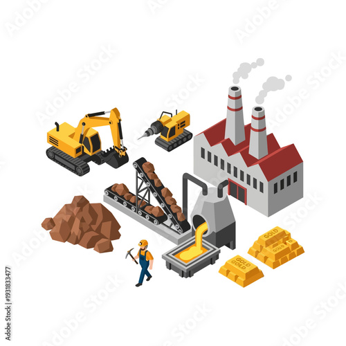 Isometric Gold Mining and Production Process with Heavy Machinery and Factory.