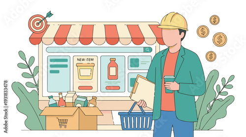 Digital commerce and online shopping business with retail worker illustration