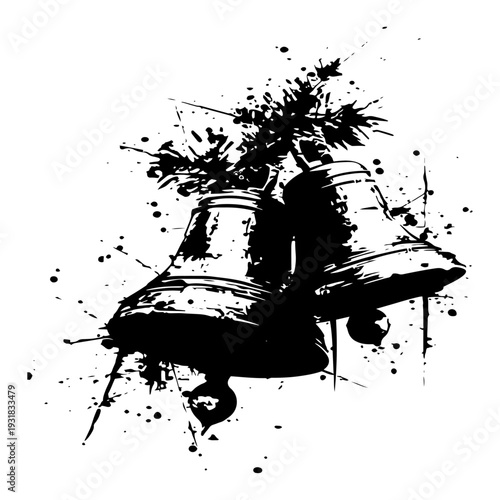 Christmas bells with pine branches in festive black ink splatter style
