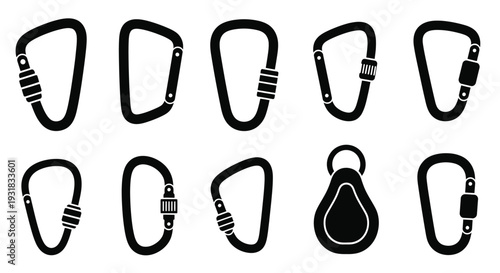 A collection of black carabiner icons in various styles and orientations