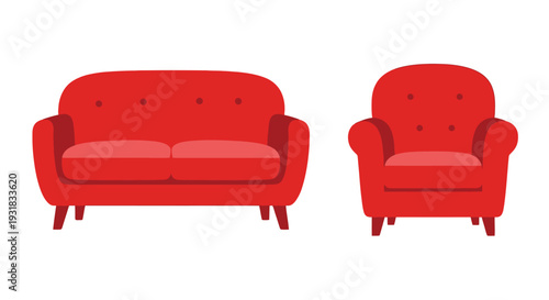 A red sofa and matching armchair are displayed in a minimalist style