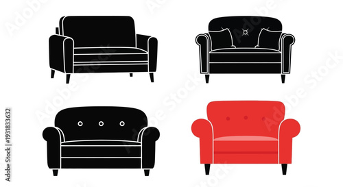 Four sofa illustrations black white and red variations displayed