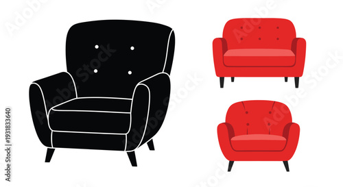 Stylized illustration of two red and one black upholstered armchairs