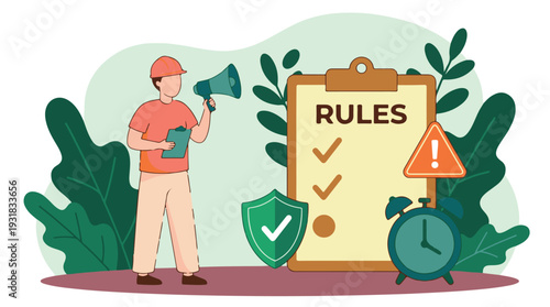 Illustration of a person explaining safety rules and workplace regulations