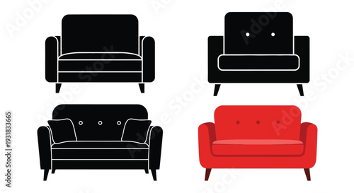 Four stylized sofa illustrations in black and red tones