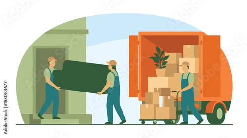 Professional movers carrying a sofa and loading boxes into a moving truck