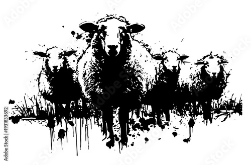 Flock of sheep grazing in artistic grunge ink splash vector style