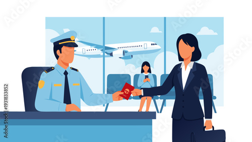 Vector illustration of a man handing a red envelope to a woman in a professional airport setting, symbolizing corruption