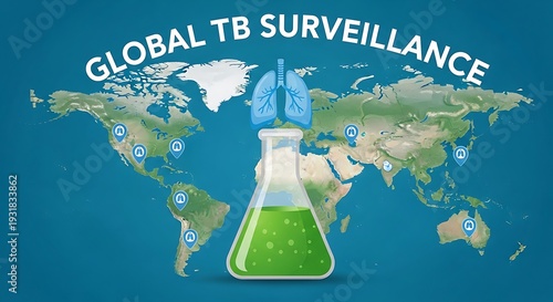 Global TB surveillance illustration with world map showing locations, lungs, and flask, highlighting international efforts in tuberculosis monitoring and control