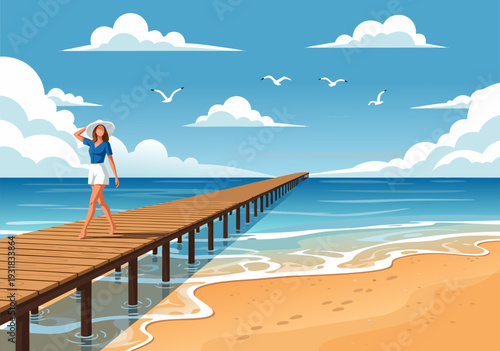Woman Walking on Wooden Pier with Calm Ocean, Seagulls, and Sunlit Sky - Vector Illustration