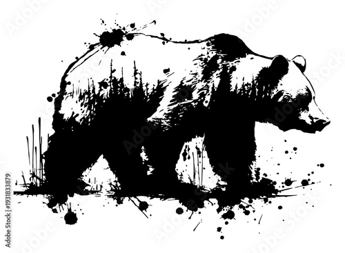 Powerful grizzly bear silhouette in artistic black ink wash and grunge style