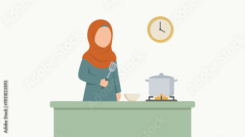 Illustration of a Muslim woman in a hijab cooking in a home kitchen