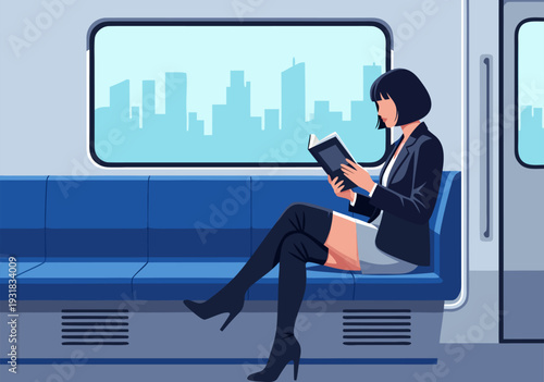Vector Illustration of Woman Reading Book on Subway Bench with City Skyline View