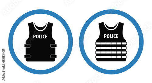 Two circular icons depicting black police vests with text labels