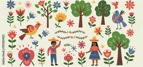 Whimsical illustration of people and animals in a vibrant floral garden with trees and colorful flowers everywhere