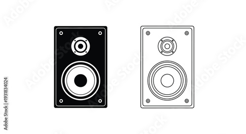 Black and white illustration of two modern speaker systems