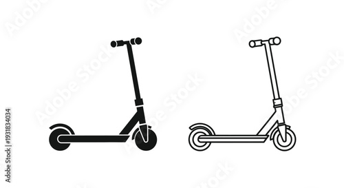 Two electric scooter illustrations one solid one outlined side profiles