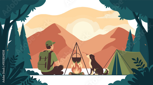 Man and dog camping in mountains with campfire at sunset illustration