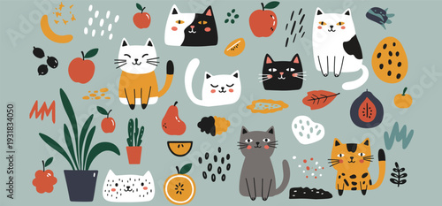 Whimsical illustration of cats surrounded by pumpkins and plants in a playful autumn scene