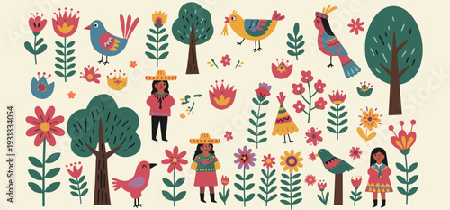 Whimsical illustration of children and animals in a colorful garden with trees flowers and birds