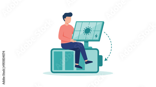 Man with solar panel charging a large battery, renewable energy concept