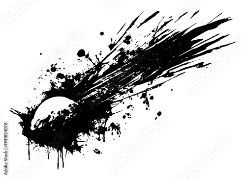 Stylized falling comet or meteor silhouette with artistic black ink trail and splatters