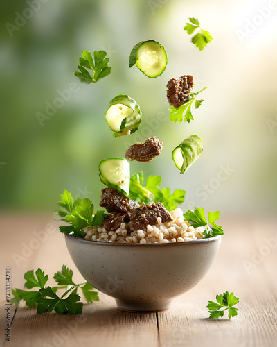 Fresh Ingredients in Air, Healthy Bowl of Barley, Vegetables, and Meat, Culinary Art, Nature Background, Flavorful Dish