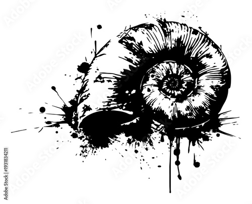 Artistic nautilus shell fossil with intricate spirals in black ink style