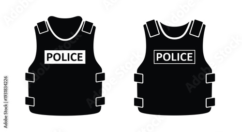 Two black silhouettes of police tactical vests with labeled markings
