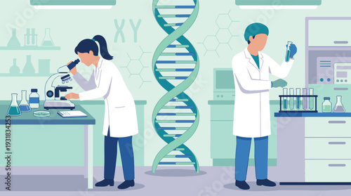 Scientists conducting genetic and biological research in a modern laboratory