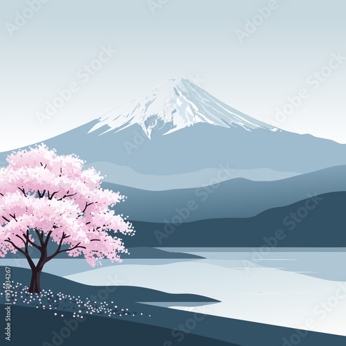 Majestic Mountains, Tranquil Waters, and Blooming Trees in Vector Illustration