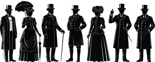 Black silhouette vector illustration of Victorian people, men and women, formal attire, top hats, parasols, historical fashion artwork, vintage costume design