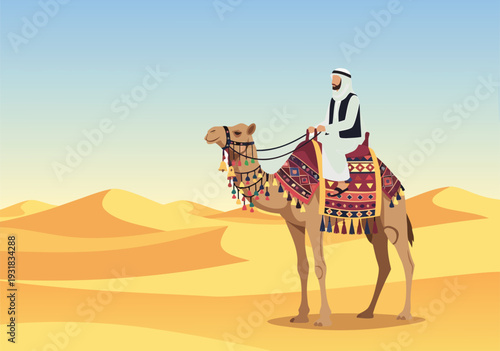 Serene Desert Camel and Rider Vector Illustration with Vibrant Saddle and Traditional Attire (7.eps)