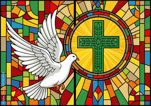 Vector illustration of a vibrant stained-glass window depicting a white dove and green cross in a spiritual cathedral interior with colorful mosaic designs