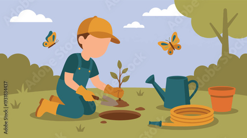 Gardener planting a young tree with tools in a natural outdoor setting