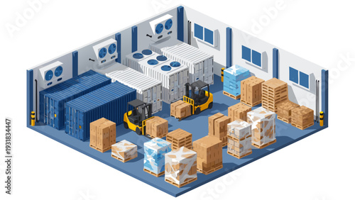 3D Isometric Vector Illustration Warehouse Layout Forklifts Stacks Boxes Industrial Design