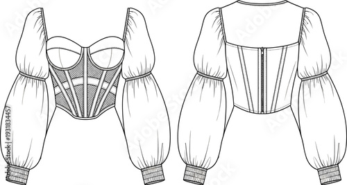 Women Corset Top with Puff Sleeves Front and Back View Mockup Template, Mesh Panel Detail, Isolated Fashion Vector Illustration