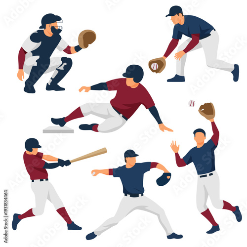 Professional Baseball Player Action Poses Vector Illustration Set