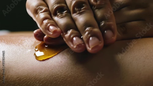 Warm ayurvedic herbal oil pouring human skin traditional indian massage therapy spiritual healing wellness relaxation alternative medicine health spa body care natural treatment holistic