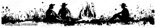 Cowboys sitting around a campfire in decorative black ink splatter style